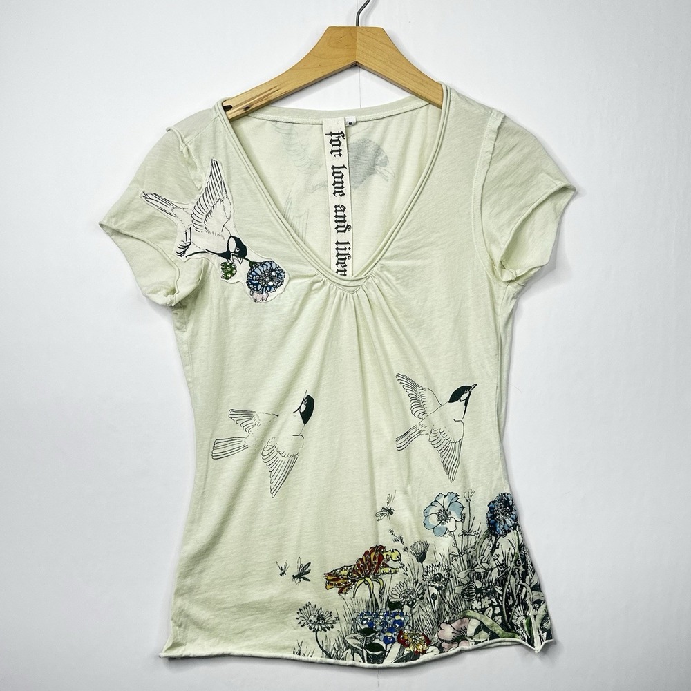 For Love & Liberty Bird Floral Rhinestone Graphic Tee 100% Cotton Women's Size 6